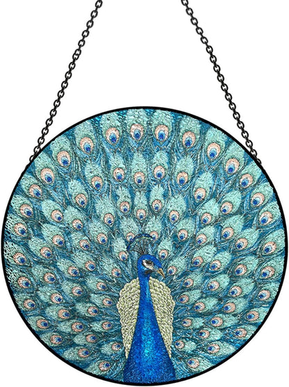 Hanging Stained Glass for Windows,20cm/7.87inch Peacock Hand-Painted Sun Catcher Garden Hangings Christmas Mother's Day, Valentine's Day Ornaments Festival Gift (Style A)