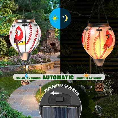 Hot Air Balloon Solar Lantern - Cardinal Bird Glass Lantern, Simulated Flickering & Dancing Flame, Outdoor Hanging Yard Light Waterproof IP65 for Patio Lawn Porch Decor Gift