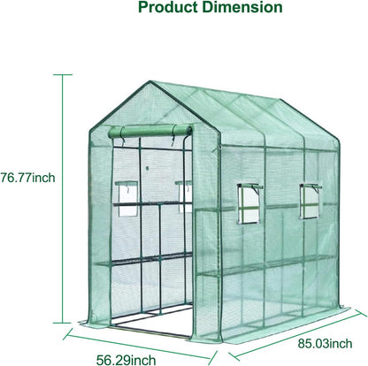 Greenhouse, 57 x 85 x 77'' Greenhouses for Outdoors, with Mesh Side Windows, PE Cover, 8 Shelves, Heavy Duty Walk in Green House for Backyard Garden Indoor, White& Green Outside