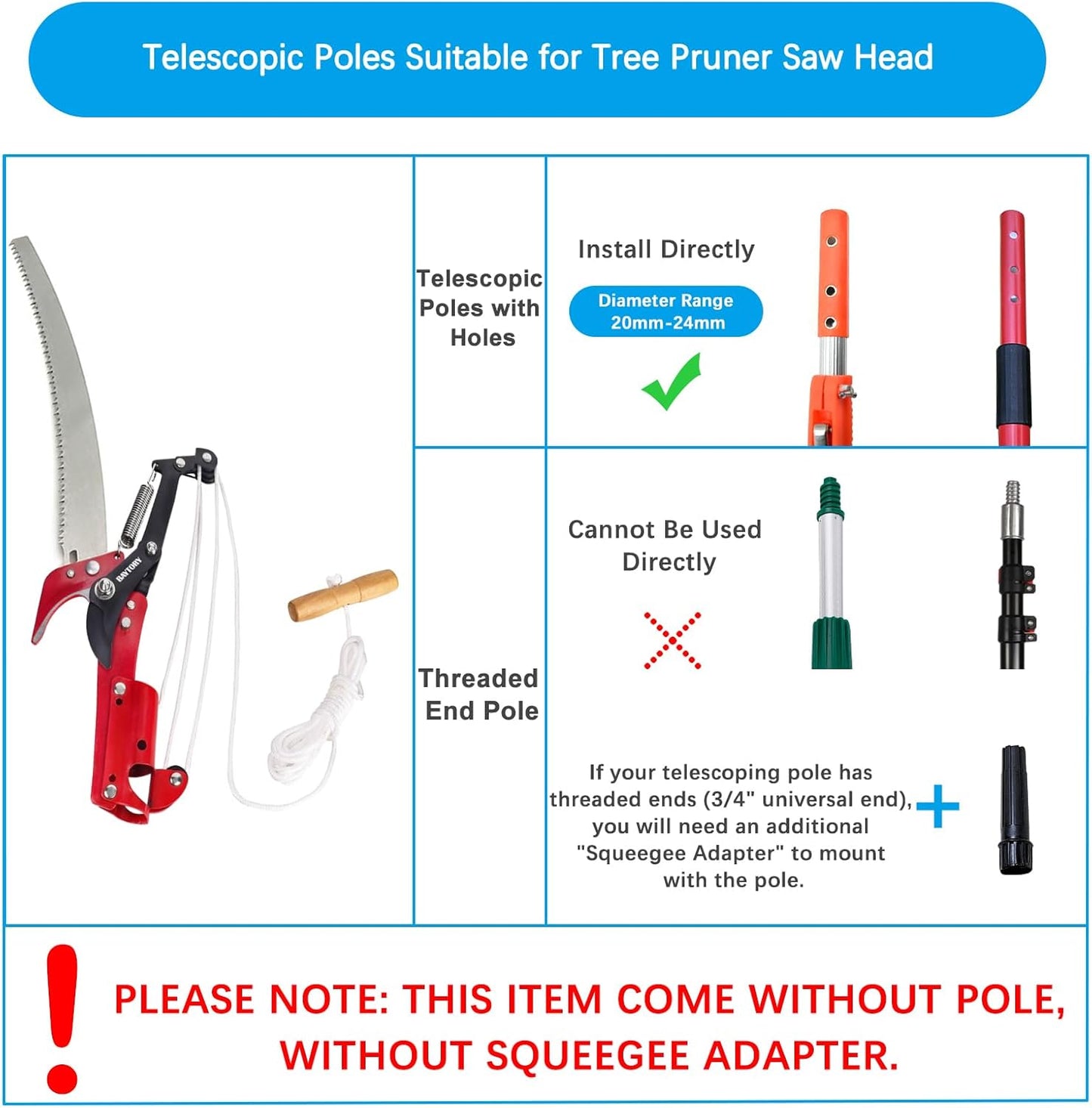 BAYTORY Extendable Tree Pruner Saw Head Without Pole, High-Altitude Branches Trimmer Pruning Shears, Harvester Clipper for Plant Twig Vine, Labor-saving 3 Wheels Garden Trimming Tool