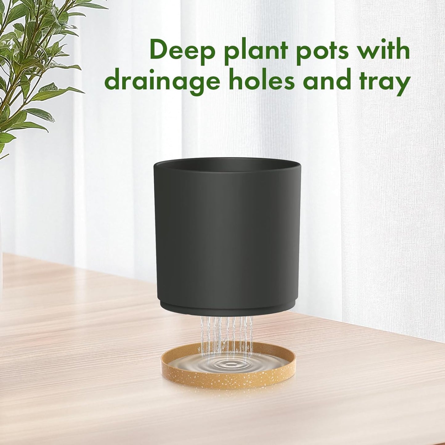 12/10/8 inch Large Plant Pots, 3 Pack Tall Deep Cylinder Flower Pots for Outdoor Indoor Plants, Plastic Planters with Drainage Holes and Saucers for Garden House Plants, Black with Brown