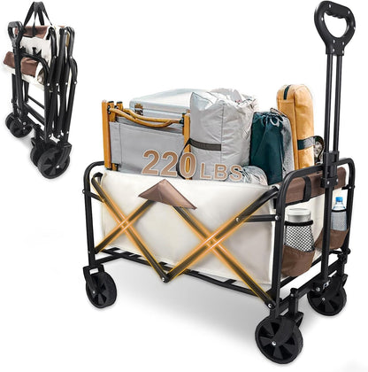 Heavy-Duty Collapsible Wagon Cart with Wheels, Lightweight Foldable Utility Cart with Adjustable Handle for Outdoor Use – Ideal for Grocery Shopping, Camping, Sports, Fishing, and More (Khaki)