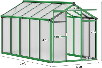 6x10 FT Greenhouse, Easy Assembly Aluminum Polycarbonate Greenhouses for Outdoors with Roof Vent, Large Aluminum Walk-in Greenhouse for Sunroom Patio, Backyard, Garden, Sliding Lockable Door, Green