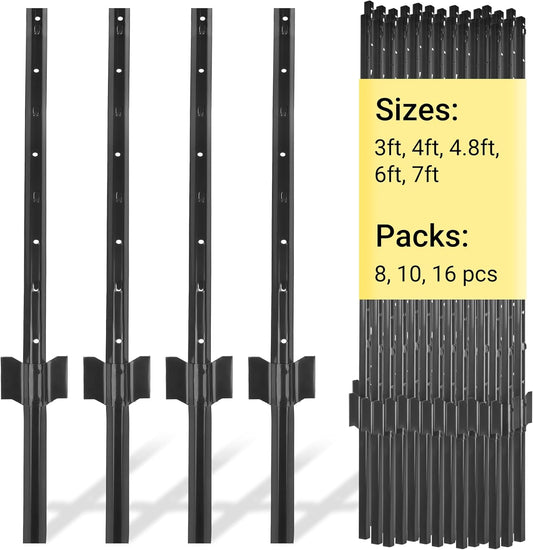 Fence Posts 6 Ft - 8 Pack, Requires Manual Assembly, Heavy Duty Metal Fence Post, No Dig U Post for Farm, Garden, Orchard and Outdoor Wire Fencing (Black)