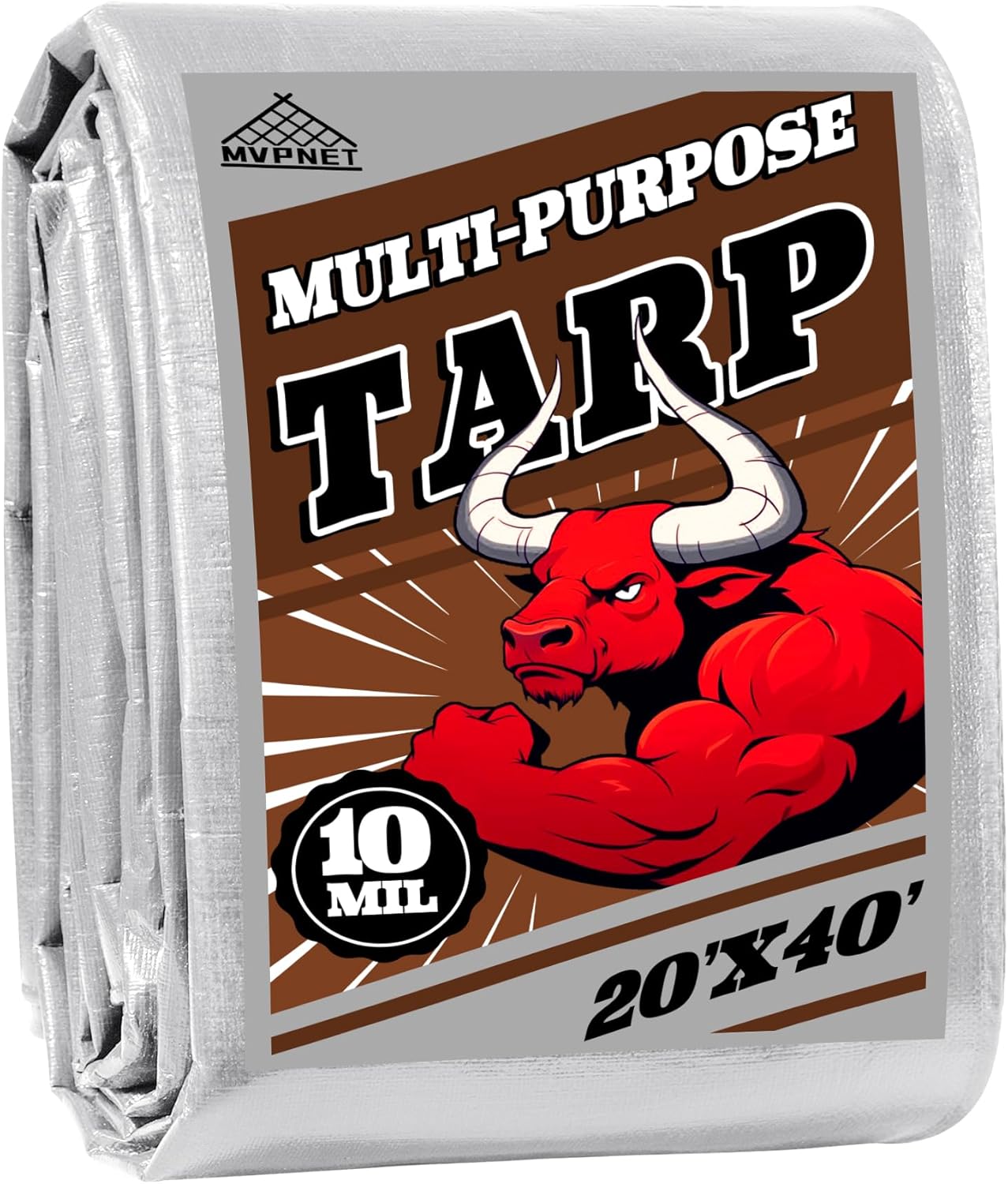 Tarp 20x40 ft Heavy Duty 10mil Silver/Brown 100% Waterproof High Durability Multipurpose Outdoor Tarpaulin,Uv Resistant,for Courtyards,Camping, Canopy, Trailer, Boats, Camping, Etc -by MVPNET
