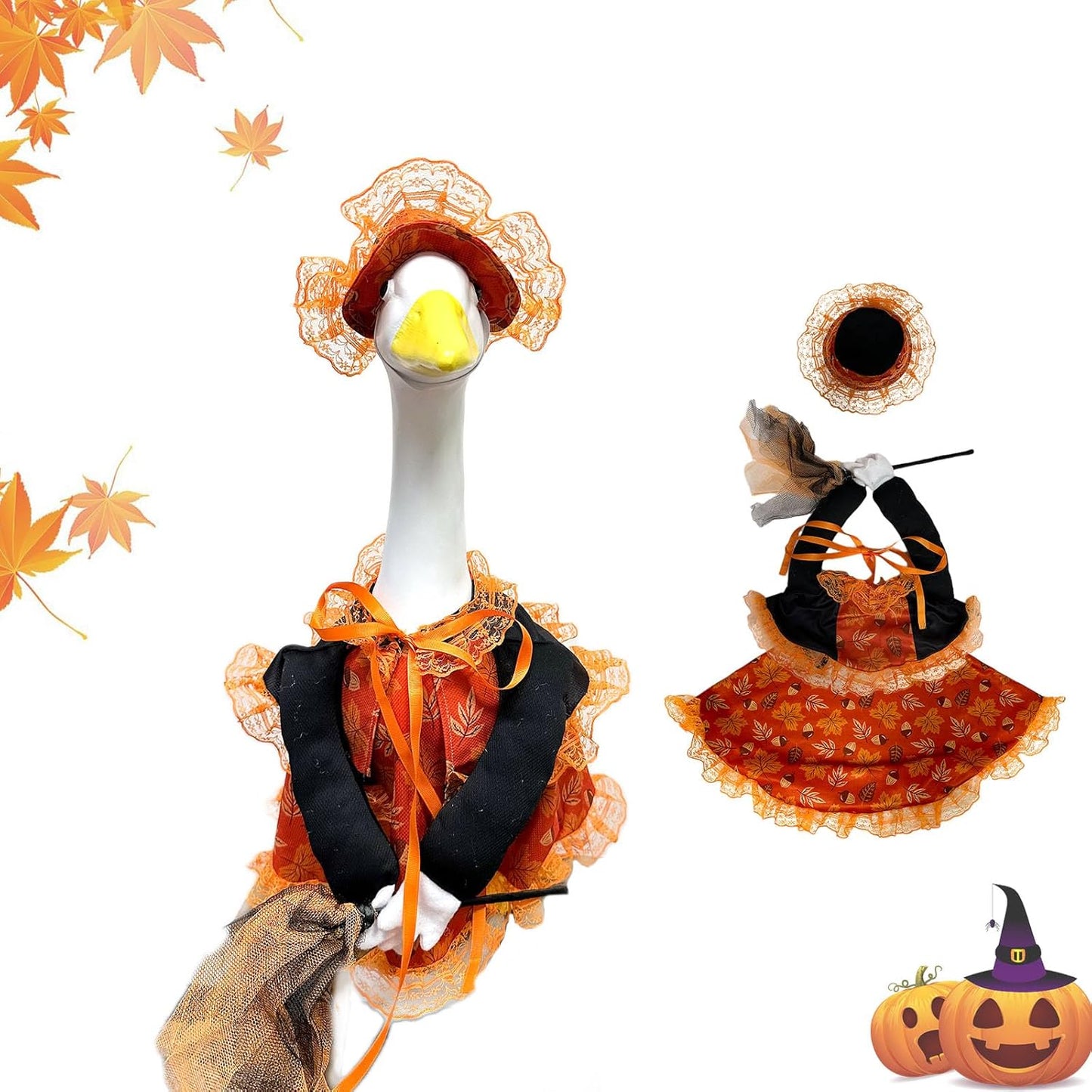 Fall Porch Goose Outfit Set for 23'' Plastic Statue Lawn Porch Goose Clothes with Autumn Maple Leaf Skirt Hat Broom Costume for Indoor Outdoor Patio Yard Lawn Art Decor