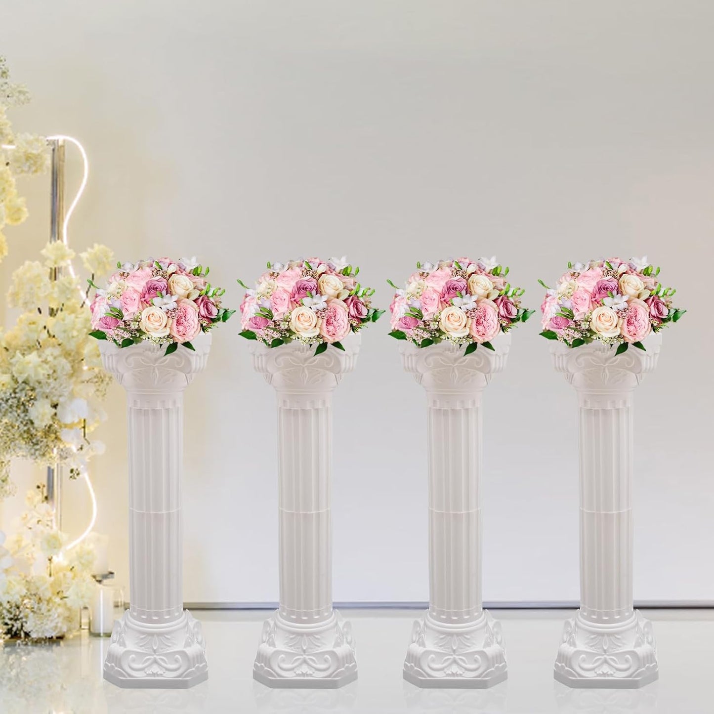 Roman Columns Wedding Column Stand Roman Pillar Plant Stand Plastic Greek Column Statue Pedestal Flower Pot Holder Decor Wedding Event Party Elegant Decorative Column (White, 4Pcs, 10.63x34.65 Inch)
