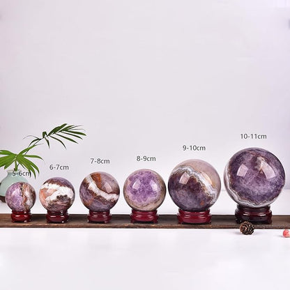 JIC Gem Natural Amethyst Agate Crystal Sphere with Wooden Stand Amethyst Decorative Crystal Gemstone Sphere for Meditation Feng Shui Witch-Style Decor Table 70-80mm