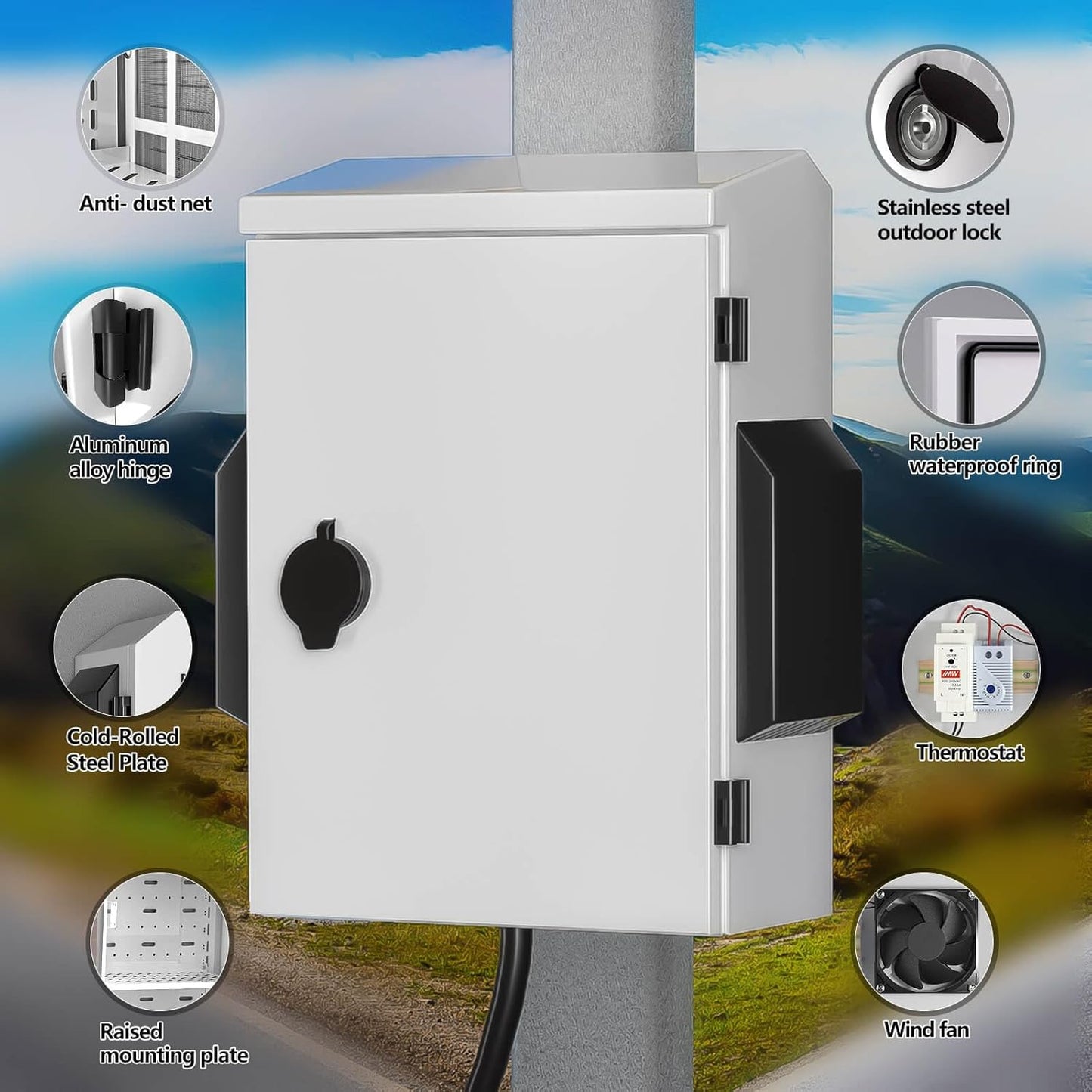 Outdoor Electrical Box with Thermostat and Fan, Cold-Rolled Steel Plate, Aluminum Alloy Back Beam, One-Piece Ventilation Design, IP65 Waterproof, Wall/Pole Mounted. (15.7" x 11.8" x 5.9")