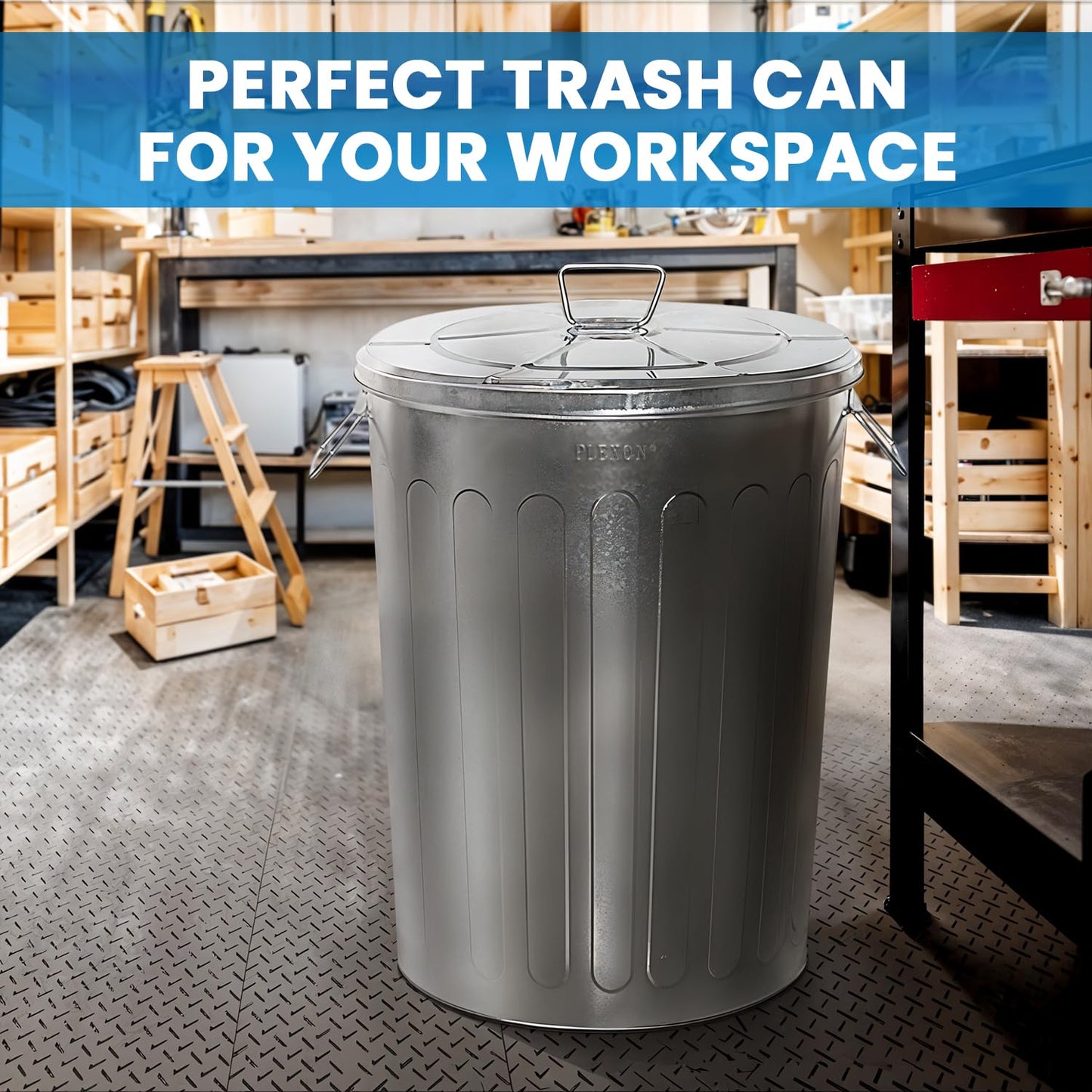 Plexon 20 Gallon Metal Trash Can with Lid Outdoor Galvanized Steel Large Garbage Can, 3 Pack