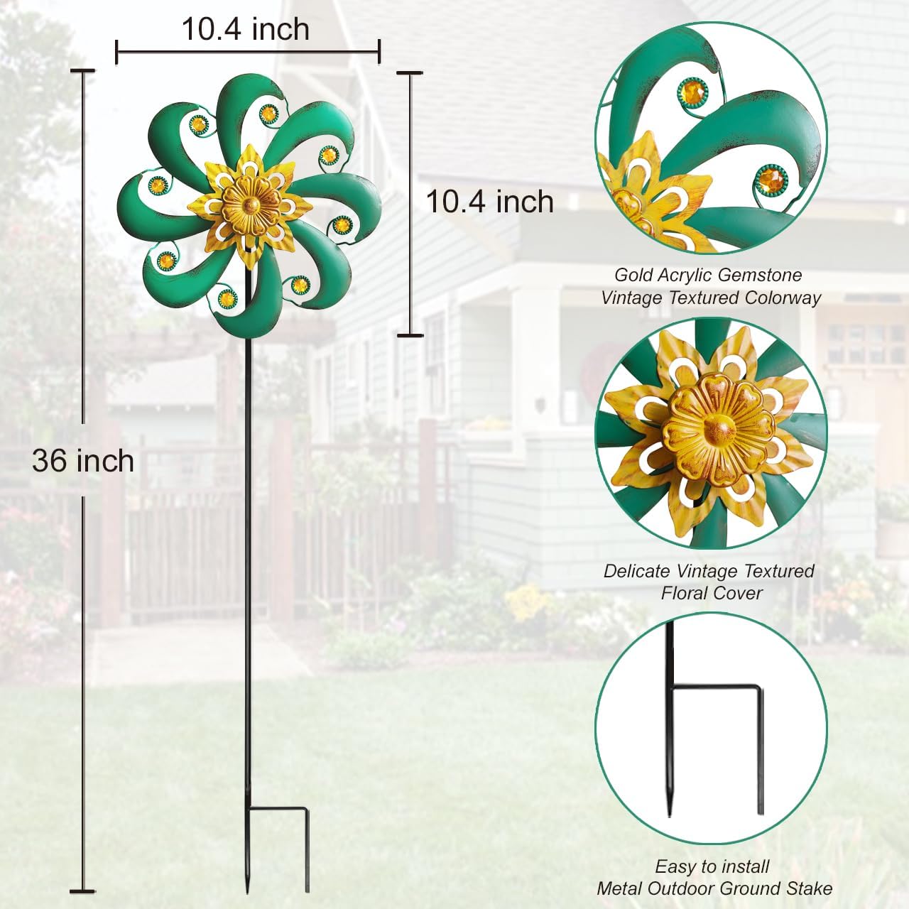 Flower Outdoor Metal Wind Spinner, Single-Layer Kinetic Garden Art with Vibrant Green Finish - Weatherproof Wind Sculpture for Lawn, Patio, Yard Decor - 10''W x 36''H