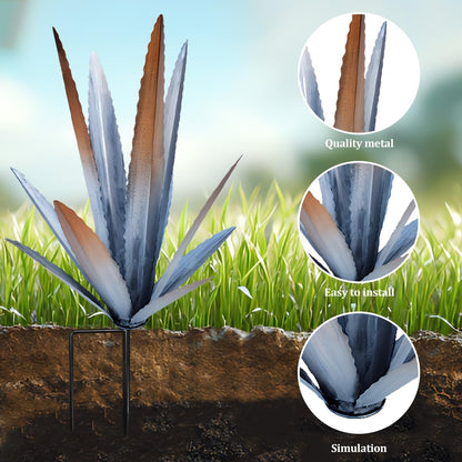EROCK 2 Pcs Tequila Rustic Sculpture, Wind Resistant Metal Agave Plant Outdoor Home Decor, DIY Rustic Hand Painted Metal Agave Garden Art Plant Country Sculpture Statue Patio Stake Lawn Ornament Gift