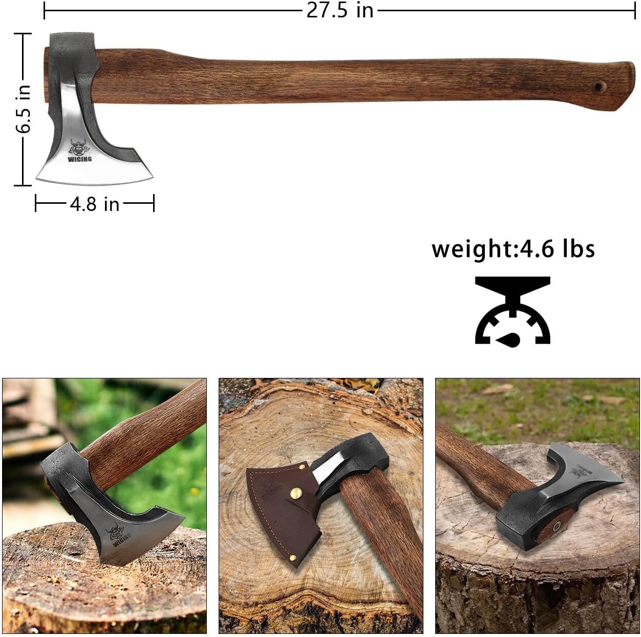 Splitting Axe, 27.5-inch Chopping Axe with Leather Sheath, Camping Hatchet 1065 High Manganese Steel and Hickory Handle