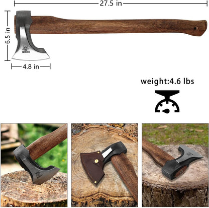 Splitting Axe, 27.5-inch Chopping Axe with Leather Sheath, Camping Hatchet 1065 High Manganese Steel and Hickory Handle