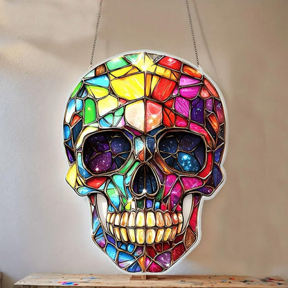 1pcs Stained Glass Window Hanging，Skull Suncatchers，The Day of Dead Ornament，Acrylic Window Sun Catcher Decor，Garden Home Wall Art Suncatcher， Friends Women Men 7.8inch