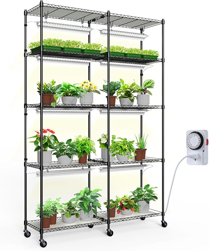 Barrina CX1 Plant Stand with Grow Lights for Indoor Plants, 5-Tier Large Tall Metal Plant Shelf with 1.6FT 20W(Per Light) Full Spectrum Plant Lights for Indoor Growing, 47x13.8x70.9IN