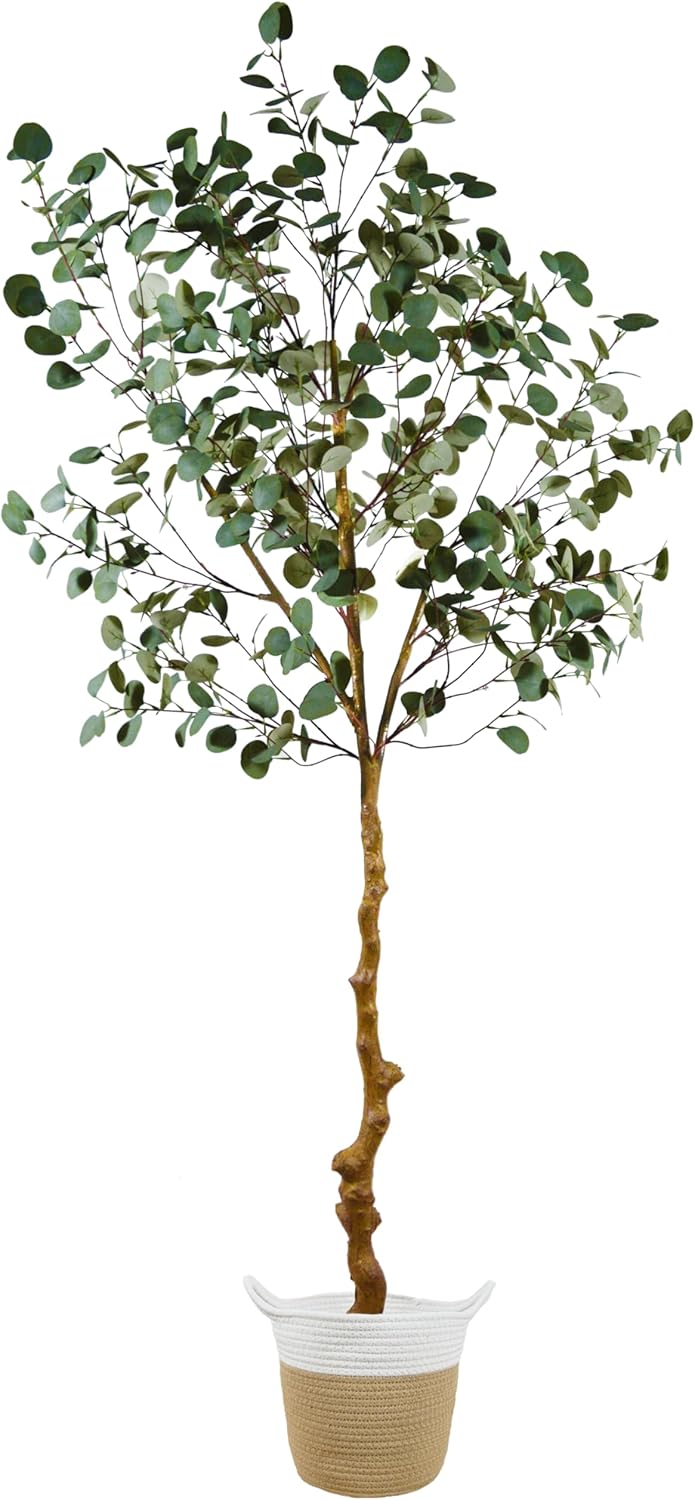 Artificial Eucalyptus Tree, 7ft Tall Fake Eucalyptus Plant with Basket, Green Silver Dollars Silk Leaves Large Faux Tree for Home Office Livingroom Floor Decor Indoor