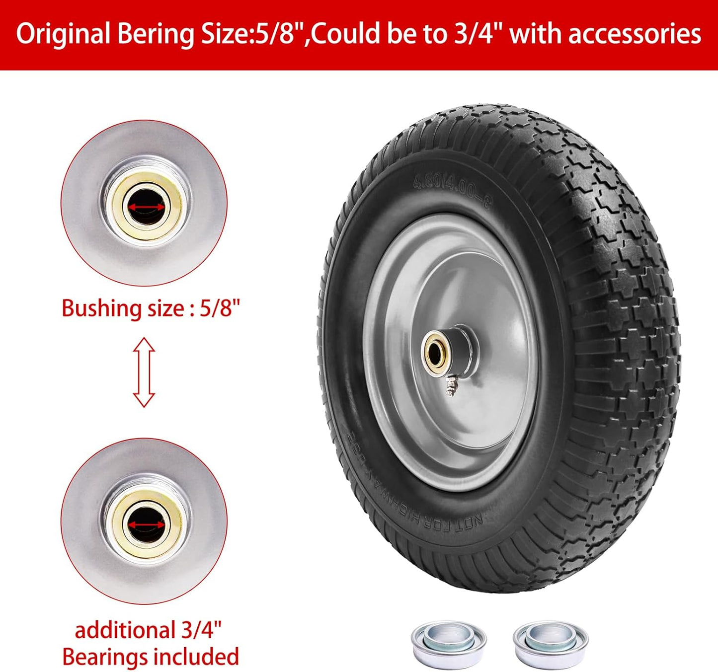 16" Flat Free Wheelbarrow Tires,4.80/4.00-8"Flat-Free Solid Tire with 3" Centered Hub,5/8" & 3/4" Bearing For Wheel Barrow Garden Utility Cart Lawn Mover Replacemen(2 Pack)