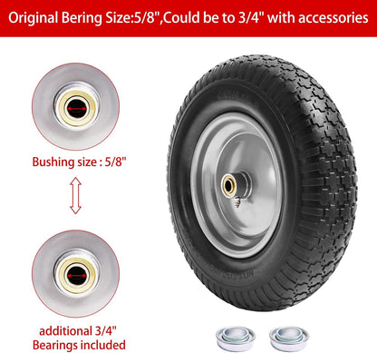16" Flat Free Wheelbarrow Tires,4.80/4.00-8"Flat-Free Solid Tire with 3" Centered Hub,5/8" & 3/4" Bearing For Wheel Barrow Garden Utility Cart Lawn Mover Replacemen(2 Pack)