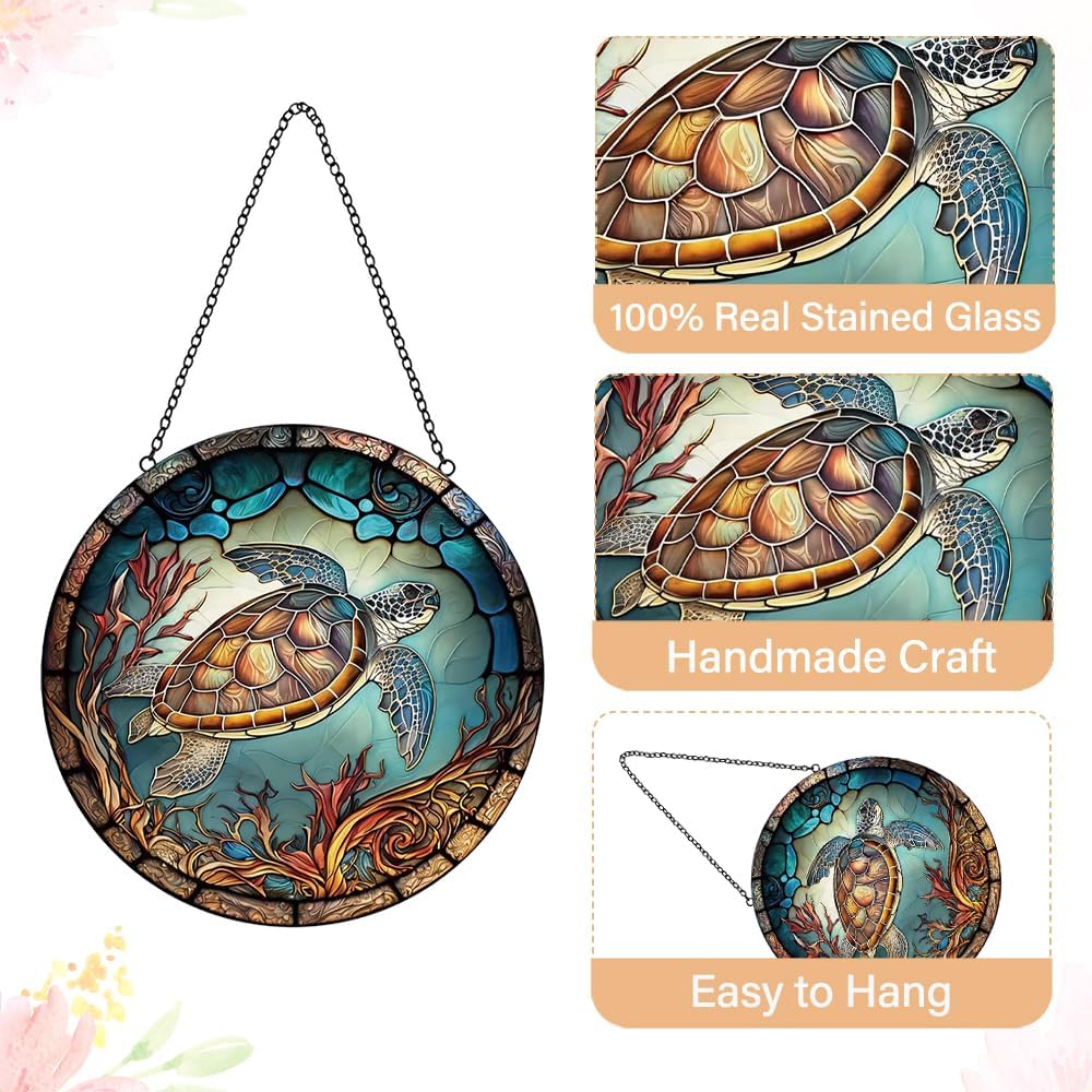 Sea Turtle Decor Suncatcher Stained Glass Window Hanging - Handmade Suncatchers for Windows with Hooks - Sea Art Glass Sun Catcher Indoor Outdoor Garden Mothers Day Birthday Gifts for Mom Grandma