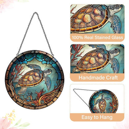 Sea Turtle Decor Suncatcher Stained Glass Window Hanging - Handmade Suncatchers for Windows with Hooks - Sea Art Glass Sun Catcher Indoor Outdoor Garden Mothers Day Birthday Gifts for Mom Grandma