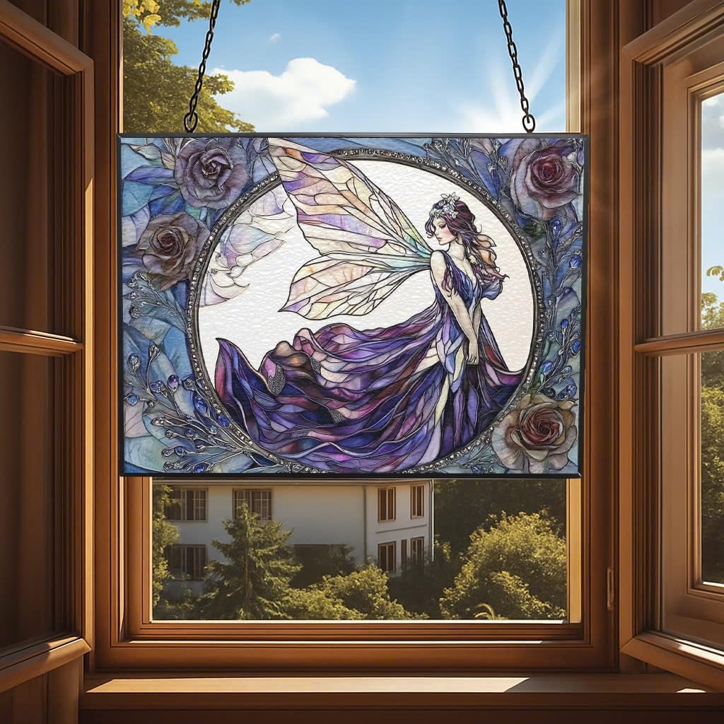 Customized Rectangle Fairy Stained Glass Suncatcher Window Hanging, Gothic Christmas Ornaments for Fiction Lovers, Dinosaur Room Decor for Nursery New Home Gifts