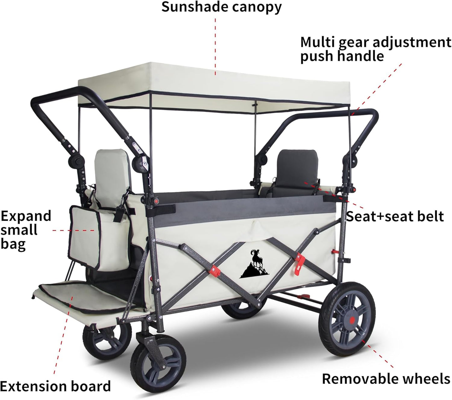Foldable Wagon with Canopy - Collapsible Utility Cart with 2 Seats & Belts, Adjustable Handle, Expandable Front for Camping, Picnic, Shopping (Beige/Grey)