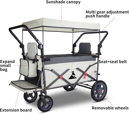 Foldable Wagon with Canopy - Collapsible Utility Cart with 2 Seats & Belts, Adjustable Handle, Expandable Front for Camping, Picnic, Shopping (Beige/Grey)