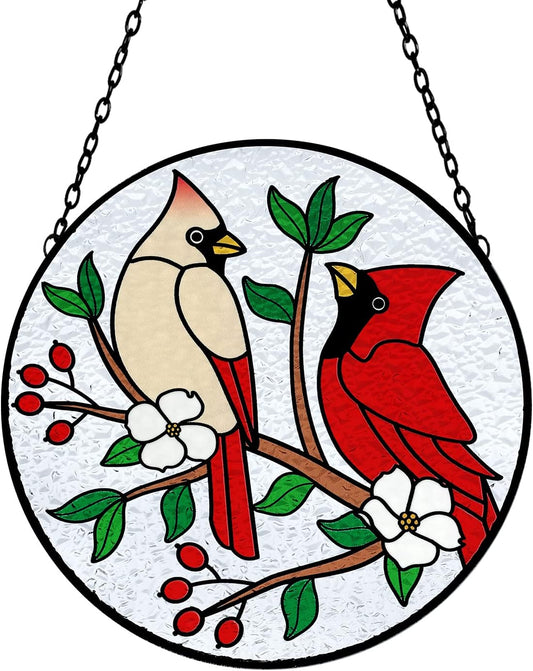 Tuitessine Cardinal Stained Glass Suncatcher - Red Bird Sun Catcher - Hand-Painted Glass Panel