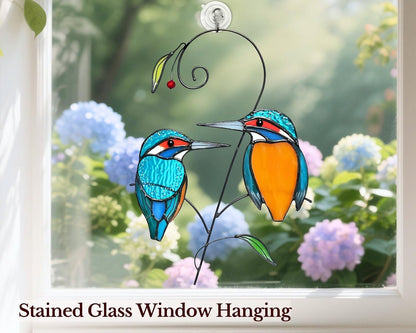 Kingfisher (1 Pair) Stained Glass Birds Suncatcher for Mom, Grandma, Women - Real Glass Window Hanging Ornament - Handmade Crafts for Bird Lover (Gifts Ready Packaging)