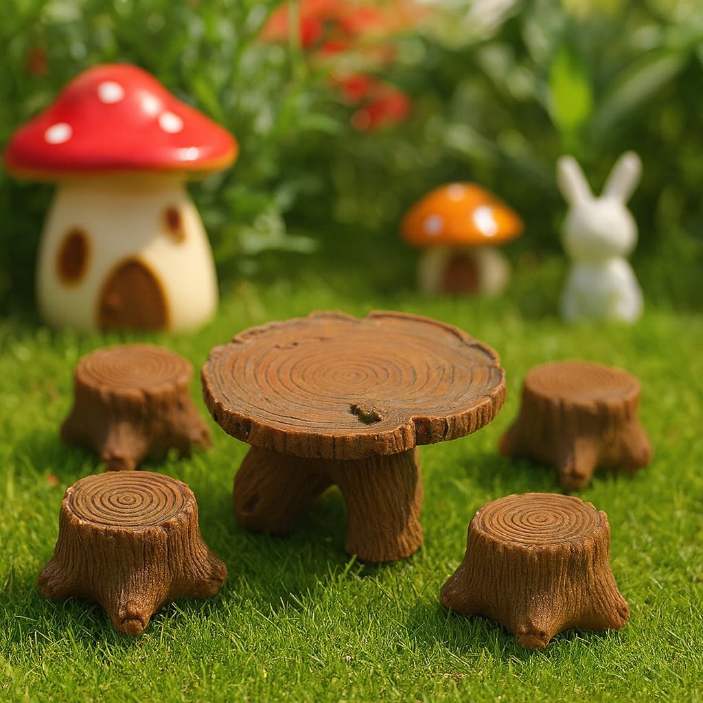Miniature Tree Stump Garden Furniture Set, Brown Resin, Fairy Garden Decor, Indoor Outdoor Terrarium Accessories for Micro Landscape