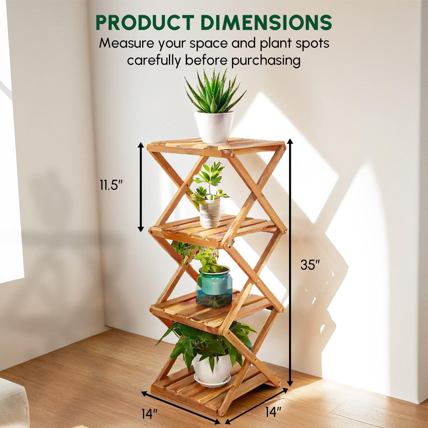 BEEFURNI Acacia Plant Stand Indoor Corner, Wooden Outdoor 4 Tier Corner Planter Stand, Foldable Shelf Display, Tall Plant Bench for Succulent, Easy Assembly, Window Decor, 1-year Manufacturer Warranty