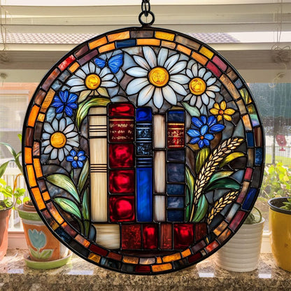 Floral Stack of Bookks Acrylic Suncatcher Stained Glass Effect Window Car Hanging Christmas Ornament Indoor Outdoor Decor Garden Sun Catcher Panel for Book Lover for Women Mom Grandma