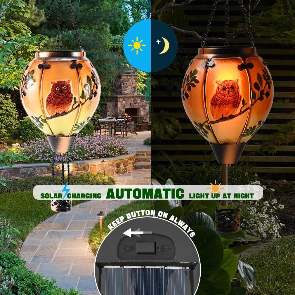 Hot Air Balloon Solar Lantern - Owl Stained Glass Lantern, Simulated Flickering & Dancing Flame, Outdoor Hanging Yard Light Waterproof IP65 for Patio Lawn Porch Decor Gift