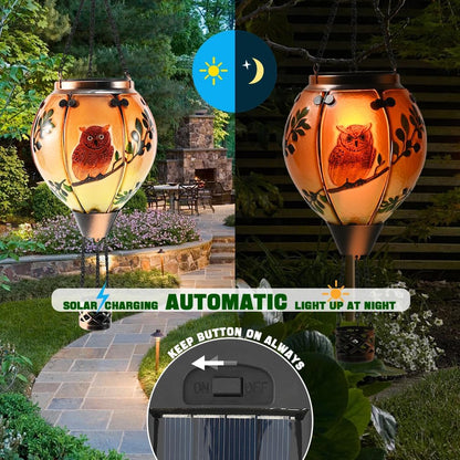 Hot Air Balloon Solar Lantern - Owl Stained Glass Lantern, Simulated Flickering & Dancing Flame, Outdoor Hanging Yard Light Waterproof IP65 for Patio Lawn Porch Decor Gift