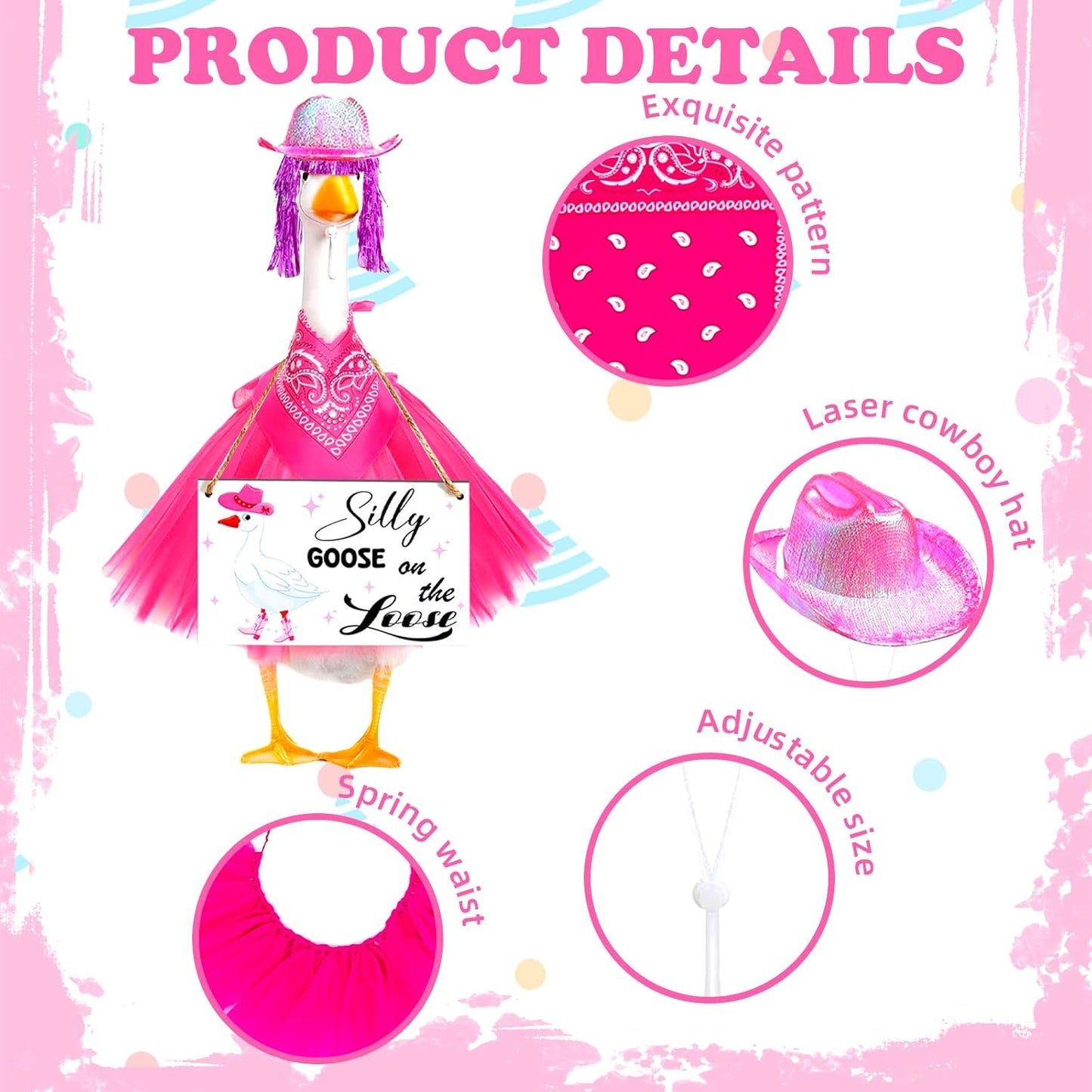 Cowboy Porch Goose Outfit Set for 23" Cement/Plastic Lawn Goose Statue - Silly Goose on The Loose Sign with Hat, Bandana, Lace Tutu Skirt Funny Wigs for Garden Party Yard Outdoor Decor
