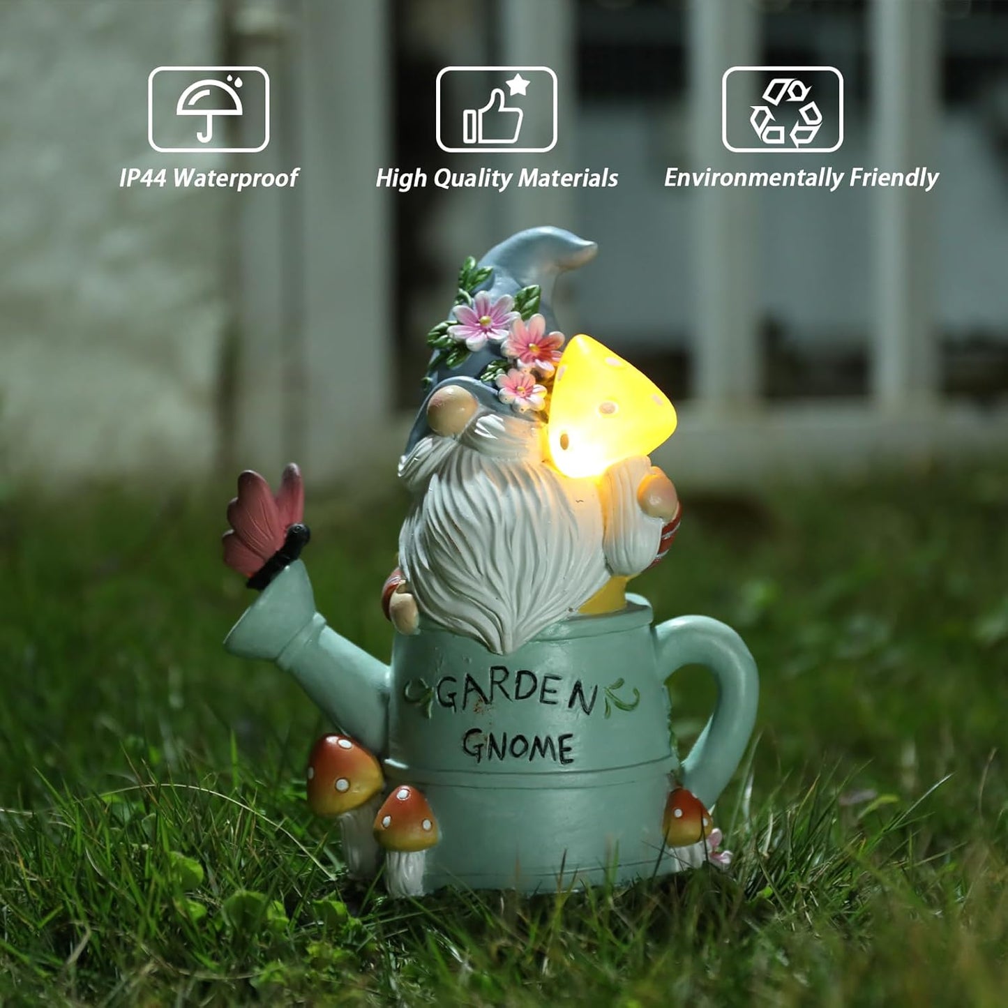 Garden Gnome Statue, Solar Powered Gnome Outdoor Decorations with Watering Can Shape - Resin Gnome Figurine with Mushroom Solar Lights for Porch Patio Lawn Yard Art Decor, Gift for Mom