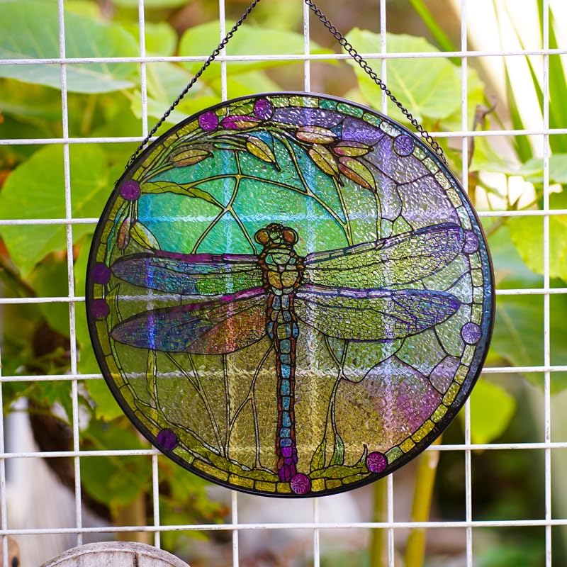 Butterfly Stained Glass Suncatcher,Stained Glass Decor with Metal Chain,Butterfly Suncatcher for Window Hanging (Dragonfly_C)