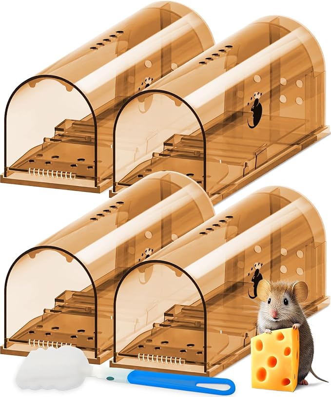 Motel Mouse Humane No Kill Live Catch and Release Mouse Traps, Reusable with Cleaning Brush - 4 Pack