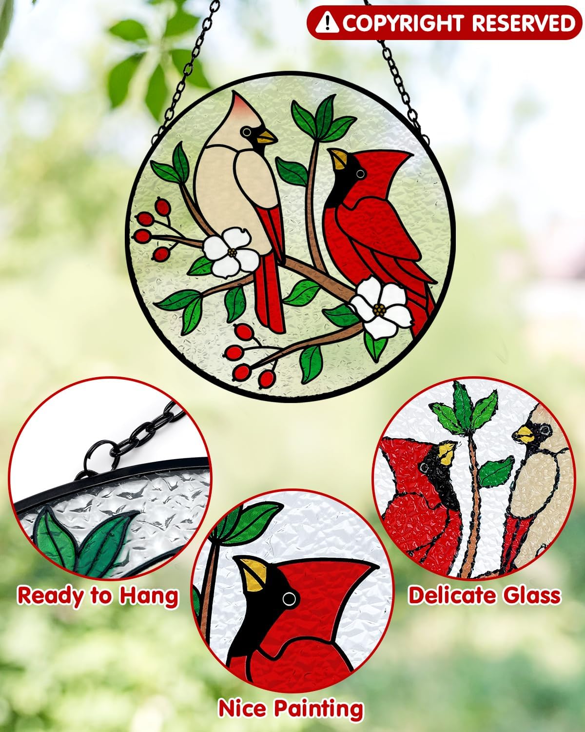 Tuitessine Cardinal Stained Glass Suncatcher - Red Bird Sun Catcher - Hand-Painted Glass Panel - Decor for Window - Christmas & Birthday Gift for Grandma & Birds Lover - 6.3x6.3