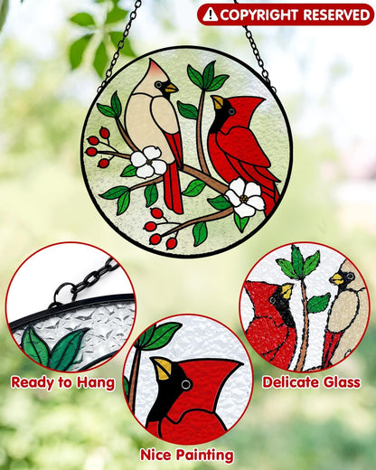 Tuitessine Cardinal Stained Glass Suncatcher - Red Bird Sun Catcher - Hand-Painted Glass Panel - Decor for Window - Christmas & Birthday Gift for Grandma & Birds Lover - 6.3x6.3