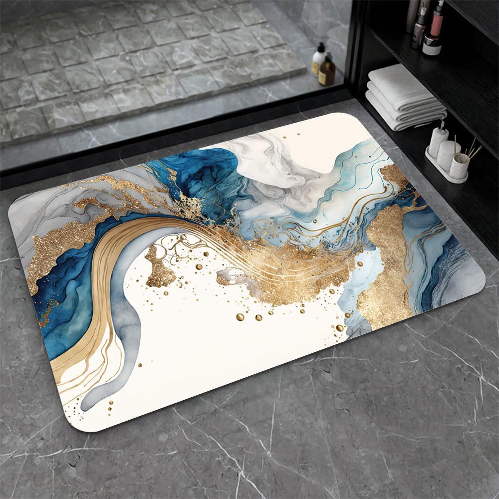 Bath Mat-Bathroom Rug，Natural Blue and Gold Marble-Absorbent Non Slip Quick Dry Stain Resistant Easy to Clean Care Shower Rug for Bathtub Shower Room 16×24Inch (40 * 60cm)