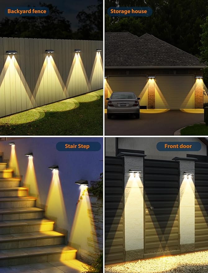 Solar Fence Lights ,Warm White & Cold White & Mixed Color 3 Modes Bright Lens LED Dusk to Dawn Deck Light, Fence Solar Lights Outdoor Waterproof,Solar Outdoor Lights for Backyard/Railing/Wall (4Pack)