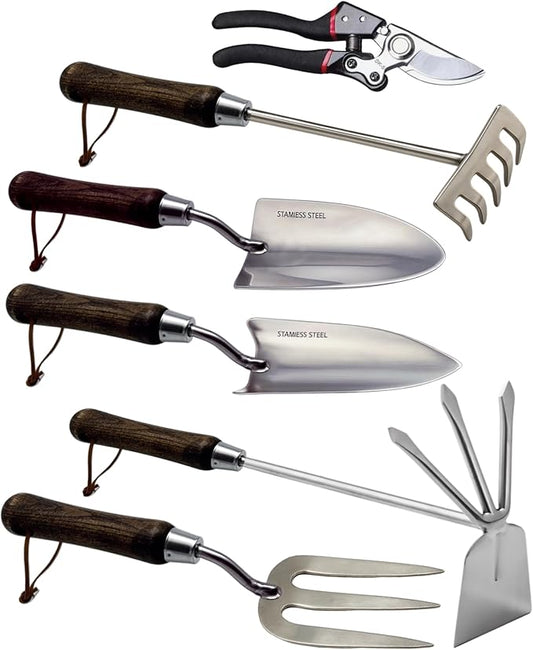 Garden Tool Set, 6PCS Heavy Duty Stainless Steel Gardening Hand Tools with Ropes, Includes Trowel, Transplanter, 2-in-1 Hoe, Pruner & More, Ideal Gardening Gift for Man and Woman (Gift Box Packaging)