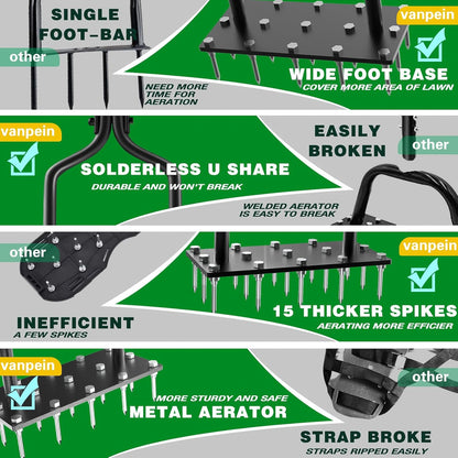 Lawn Aerator Spike Manual Tool with 15 Iron Spikes, Garden Grass Aeration Tools Hand Air Aerator & Clean Tool for Aerating Lawns & Yard Care, Loosening Soil, 36”