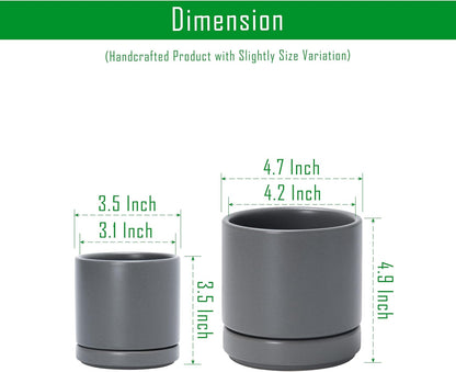 D'vine Dev 3.5 Inch & 4.7 Inch Ceramic Planter Pots for Plants with Drainage Hole and Saucer, X-Small Plant Pots Set, Speckled Grey, 94-G-XS-3