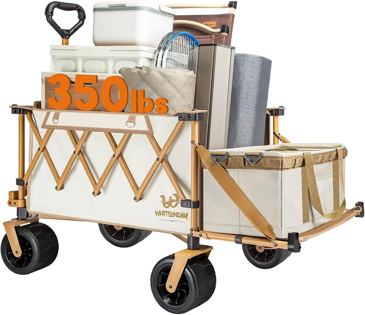 Whitsunday Collapsible Folding Wagon Heavy Duty Utility Beach Wagons with Opened Tailgate and All-Terrain Wheels for Camping,Garden,Sports Beige