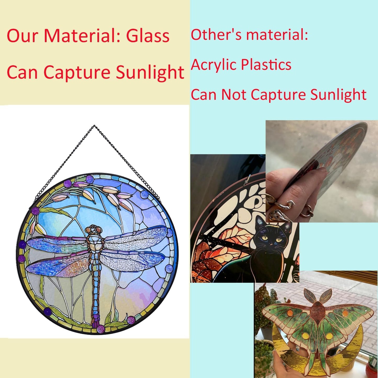 Hanging Stained Glass for Windows,20cm/7.87inch Dragonfly Hand-Painted Sun Catcher Garden Hangings Christmas Mother's Day, Valentine's Day Ornaments Festival Gift (C Style)