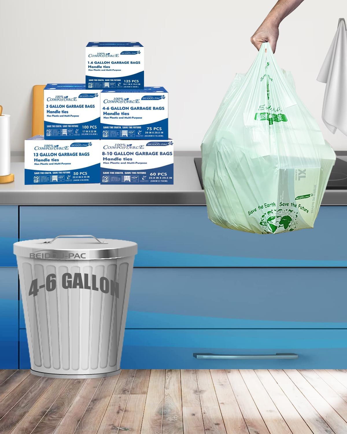 4-6 Gallon Compostable Trash Bags, 150 Count - Kitchen Trash Bags with Handle, Sturdy Biodegradable Garbage Bags for Food Scrap Waste, ASTM D6400, US BPI Certified