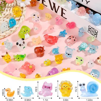 52Pcs Luminous Mini Resin Animals 52 Styles Miniature Glow in the Dark Resin Animal Figures to Hide Tiny Small Little Ducks Turtles Dinosaurs and Frogs for Micro Landscape Dollhouse Fairy Garden Decor
